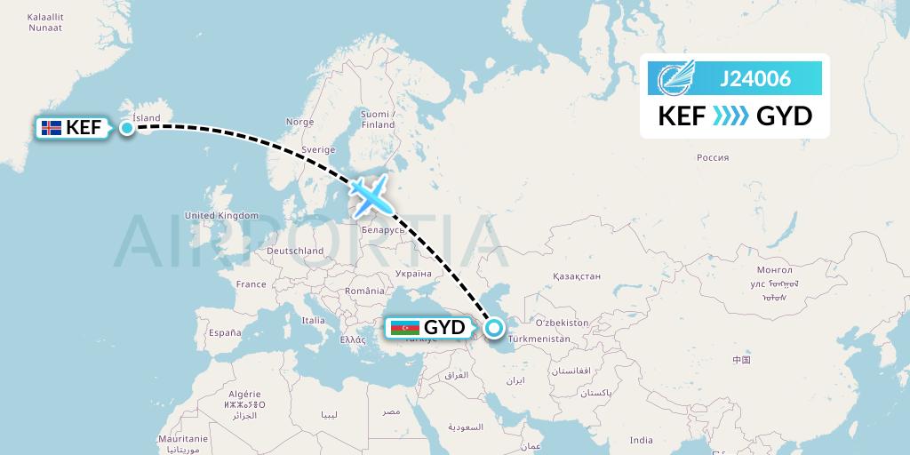 J24006 Azerbaijan Airlines Flight Map: Reykjavik to Baku