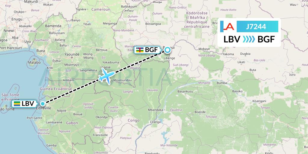 J7244 Afrijet Business Services Flight Map: Libreville to Bangui