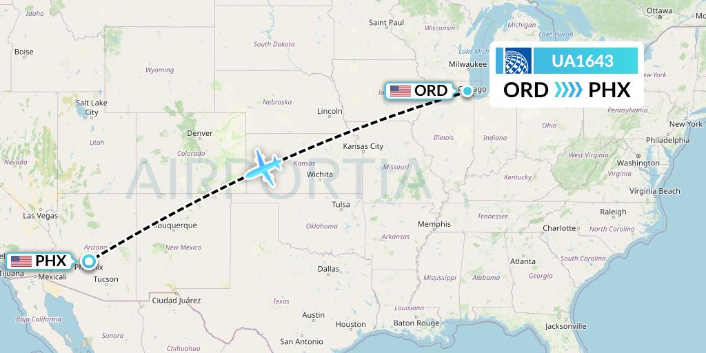 UA1643 United Airlines Flight Map: Chicago to Phoenix