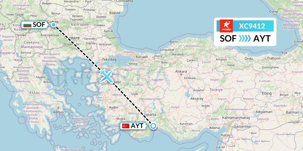 XC9412 Corendon Airlines Flight Map: Sofia to Antalya