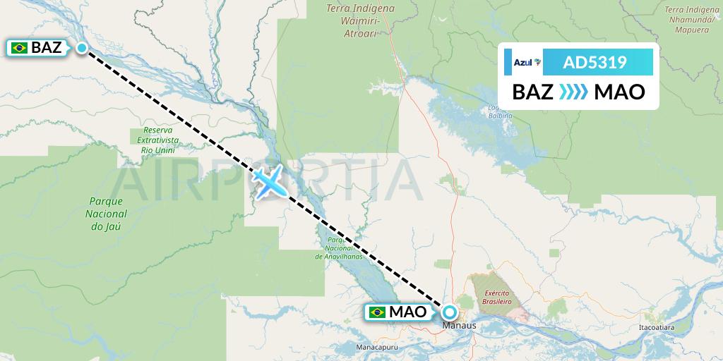AD5319 Azul Brazilian Airlines Flight Map: Barcelos to Manaus