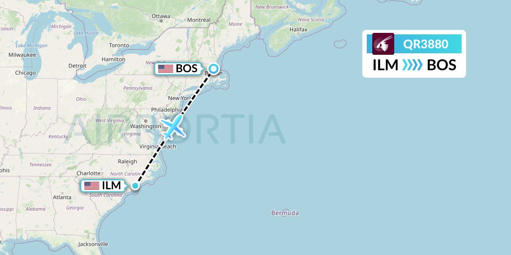 QR3880 Qatar Airways Flight Map: Wilmington to Boston
