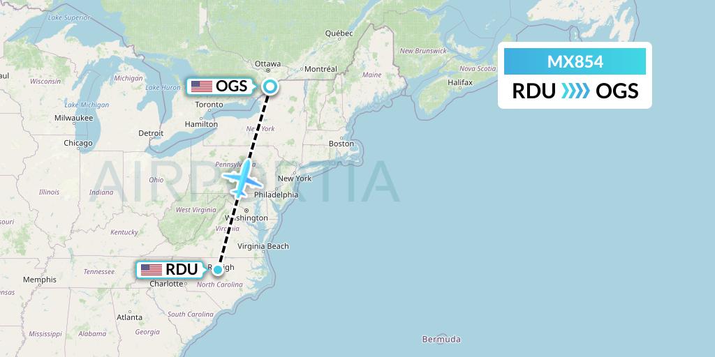 MX854 Breeze Airways Flight Map: Raleigh-Durham to Ogdensburg
