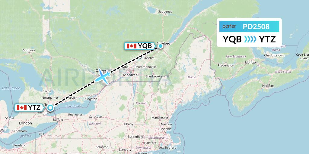PD2508 Porter Airlines Flight Map: Quebec to Toronto