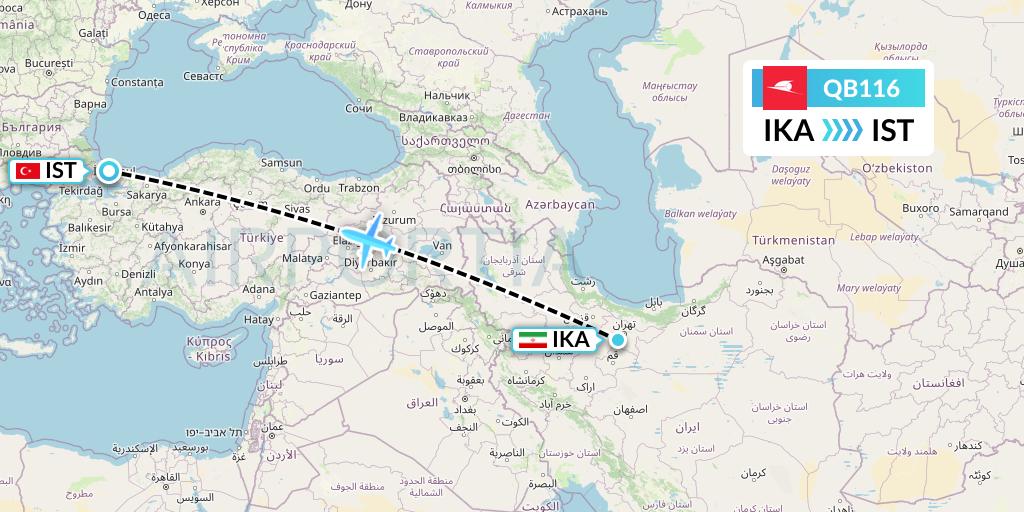 QB116 Qeshm Airlines Flight Map: Tehran to Istanbul