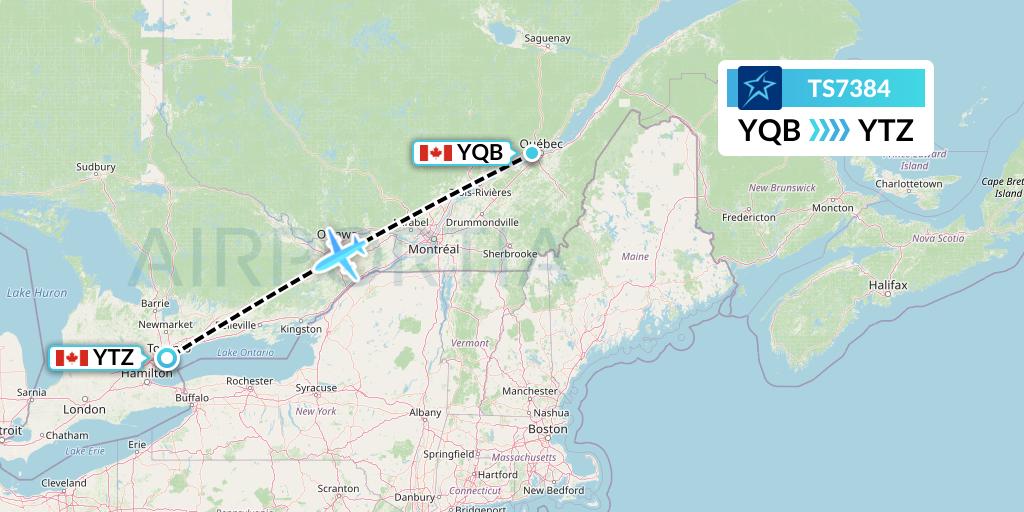 TS7384 Air Transat Flight Map: Quebec to Toronto