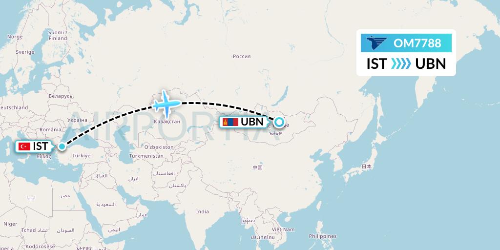 OM7788 MIAT Mongolian Airlines Flight Map: Istanbul to Ulan Bator