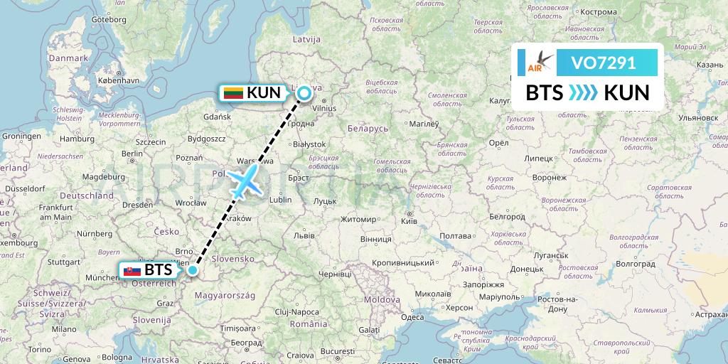 VO7291 Voyage Air Flight Map: Bratislava to Kaunas