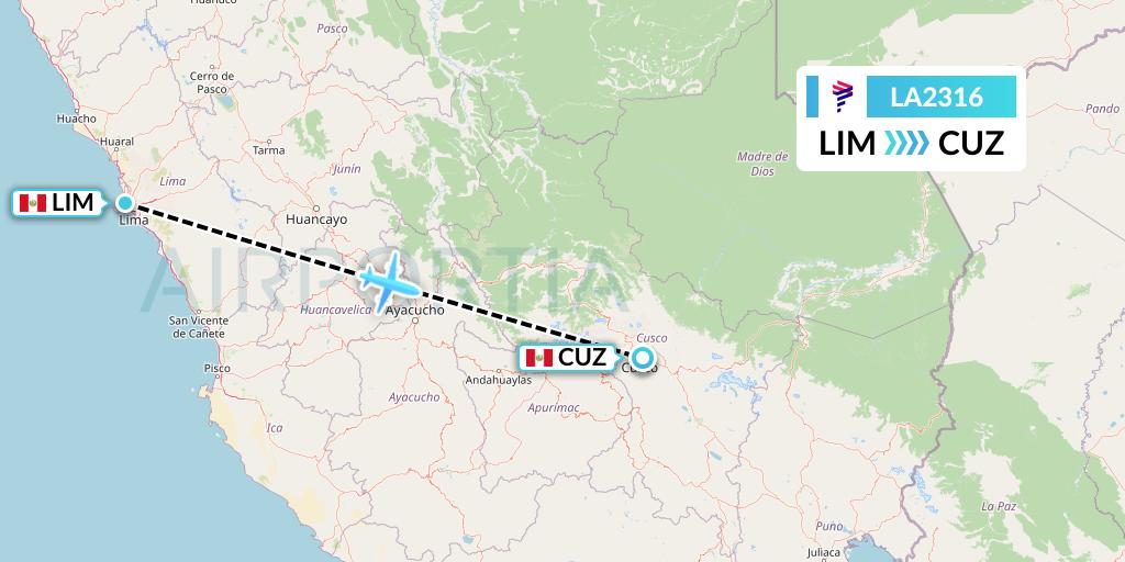 LA2316 LAN Airlines Flight Map: Lima to Cusco