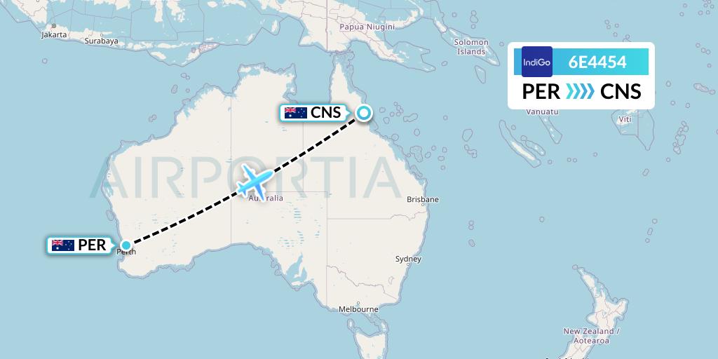 6E4454 IndiGo Airlines Flight Map: Perth to Cairns