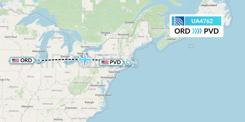 UA4762 United Airlines Flight Map: Chicago to Providence
