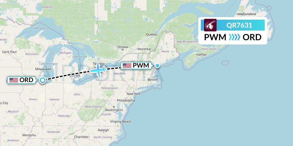 QR7631 Qatar Airways Flight Map: Portland to Chicago