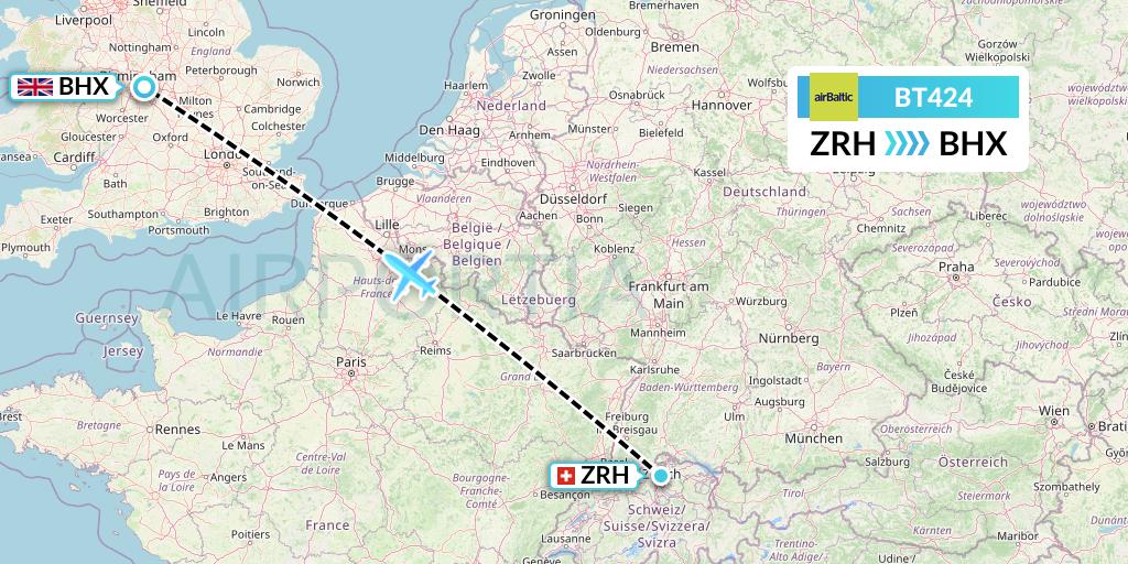BT424 Air Baltic Flight Map: Zurich to Birmingham