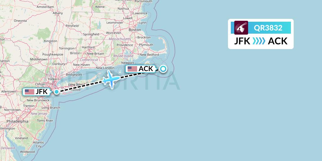 QR3832 Qatar Airways Flight Map: New York to Nantucket