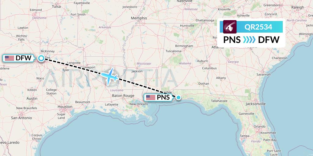 QR2534 Qatar Airways Flight Map: Pensacola to Dallas