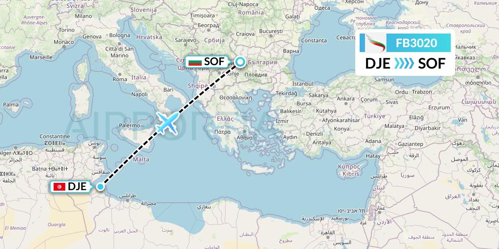 FB3020 Bulgaria Air Flight Map: Djerba to Sofia
