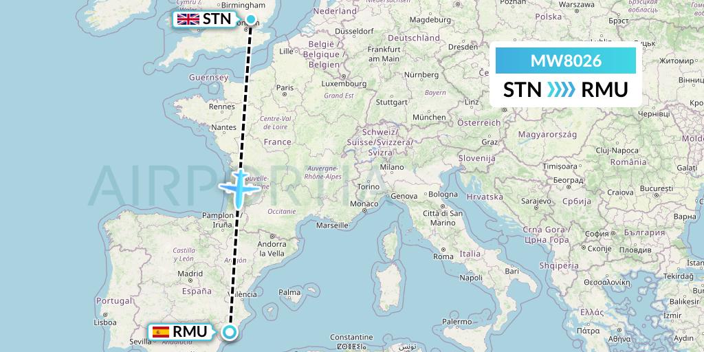MW8026 Mokulele Flight Service Flight Map: London to Murcia