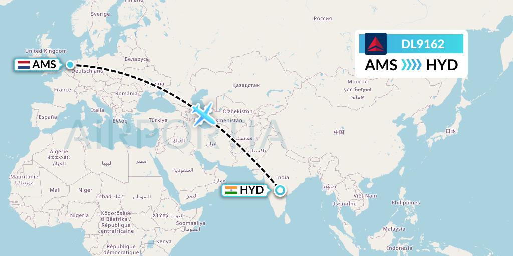 DL9162 Delta Air Lines Flight Map: Amsterdam to Hyderabad