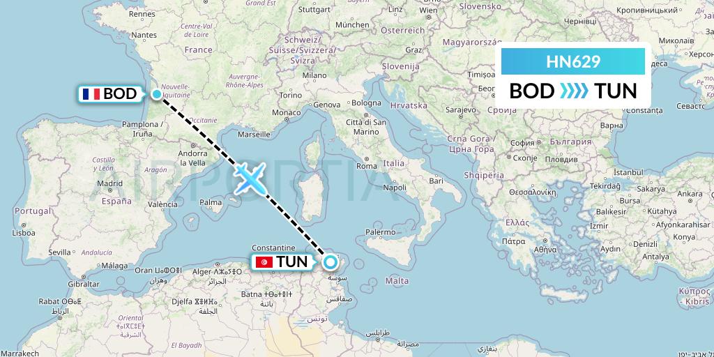 HN629 Uab Heston Airlines Jsc Heston Airl Flight Map: Bordeaux to Tunis