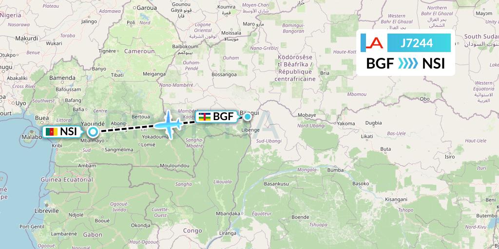 J7244 Afrijet Business Services Flight Map: Bangui to Yaounde