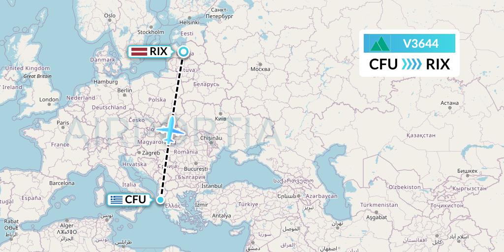 V3644 Carpatair Flight Map: Corfu to Riga