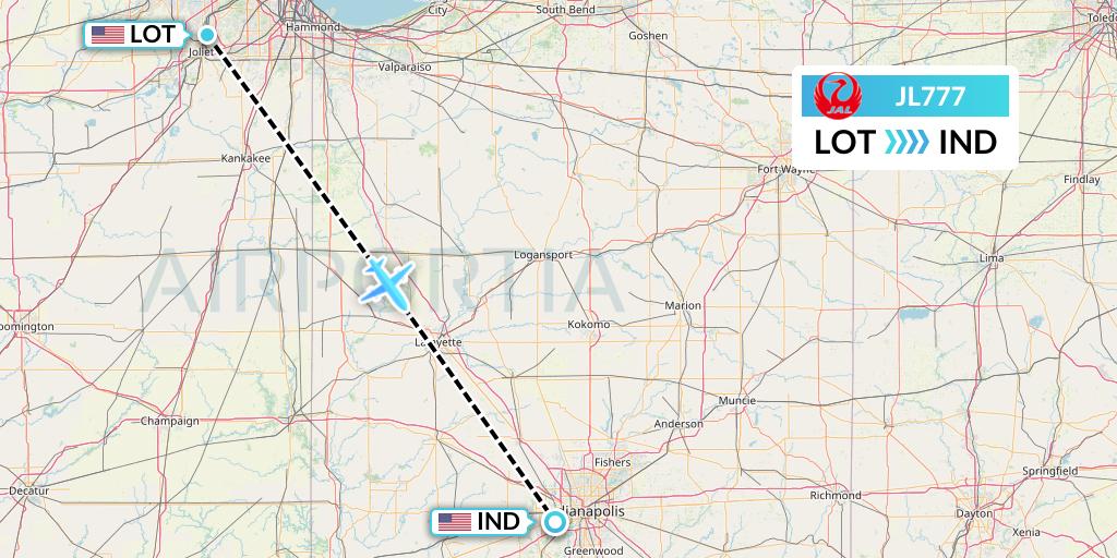 JL777 Japan Airlines Flight Map: Romeoville to Indianapolis