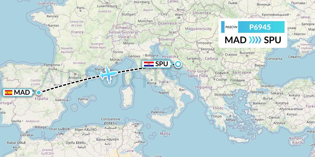 P6945 Pascan Aviation Flight Map: Madrid to Split