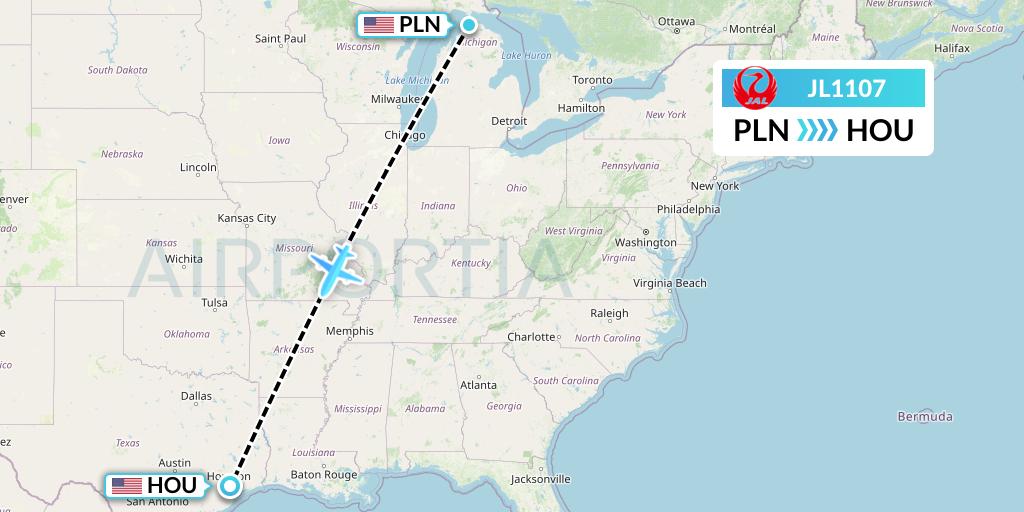 JL1107 Japan Airlines Flight Map: Pellston to Houston