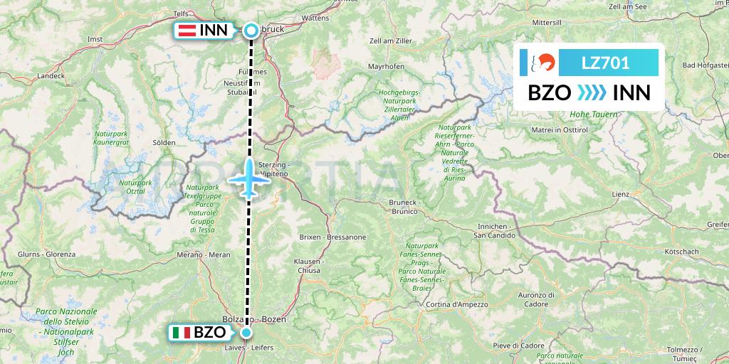 LZ701 Air Link Flight Map: Bolzano to Innsbruck
