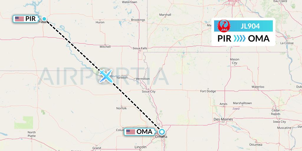 JL904 Japan Airlines Flight Map: Pierre to Omaha