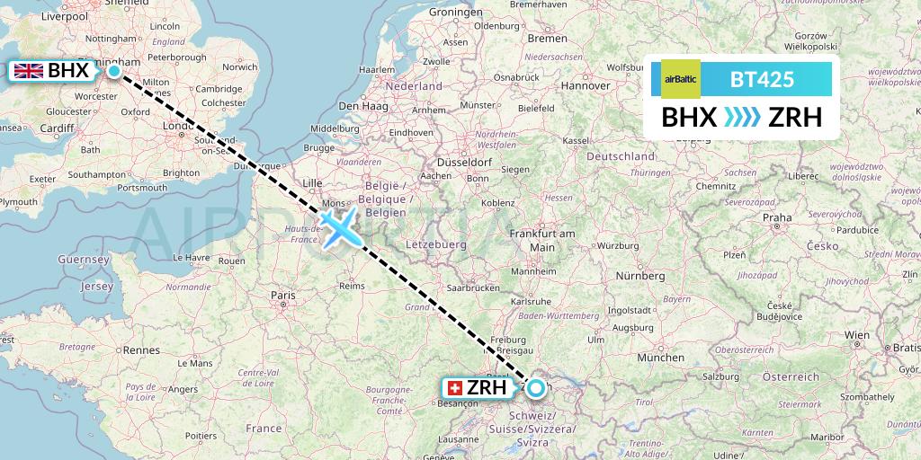 BT425 Air Baltic Flight Map: Birmingham to Zurich
