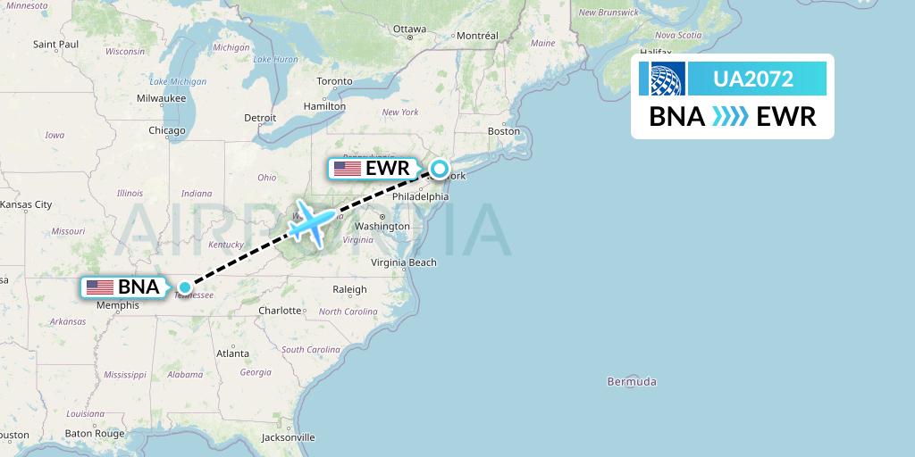 UA2072 United Airlines Flight Map: Nashville to New York