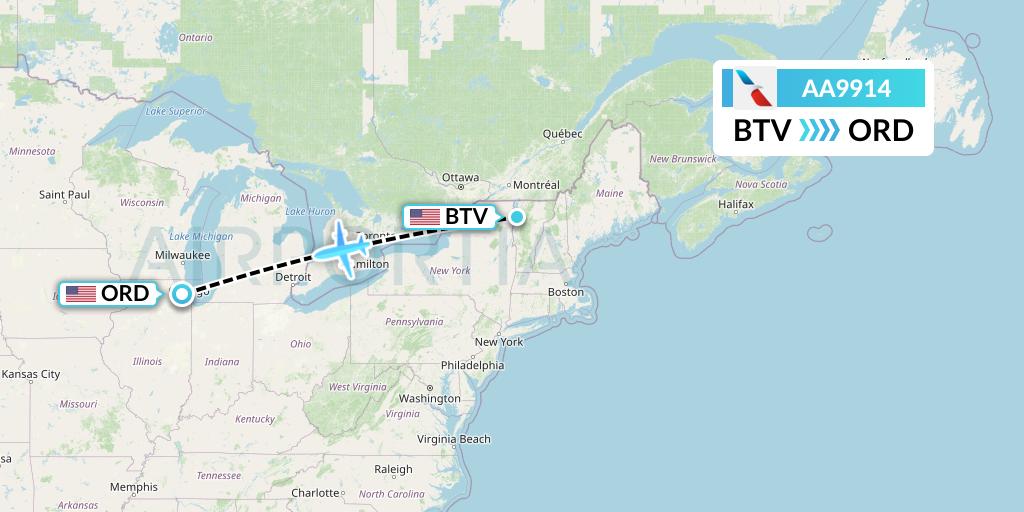 AA9914 American Airlines Flight Map: Burlington to Chicago