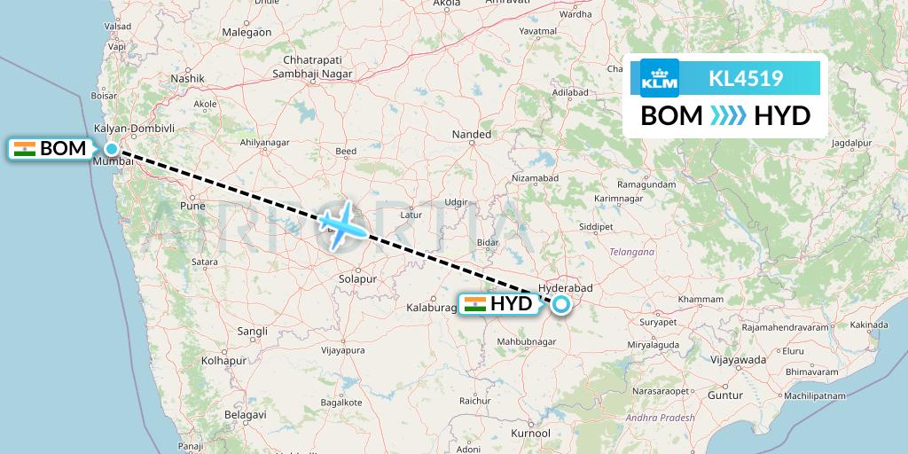 KL4519 KLM Flight Map: Mumbai to Hyderabad