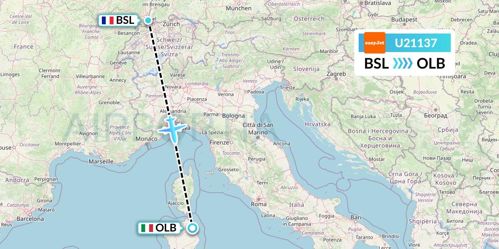 U21137 EasyJet Flight Map: Basel to Olbia
