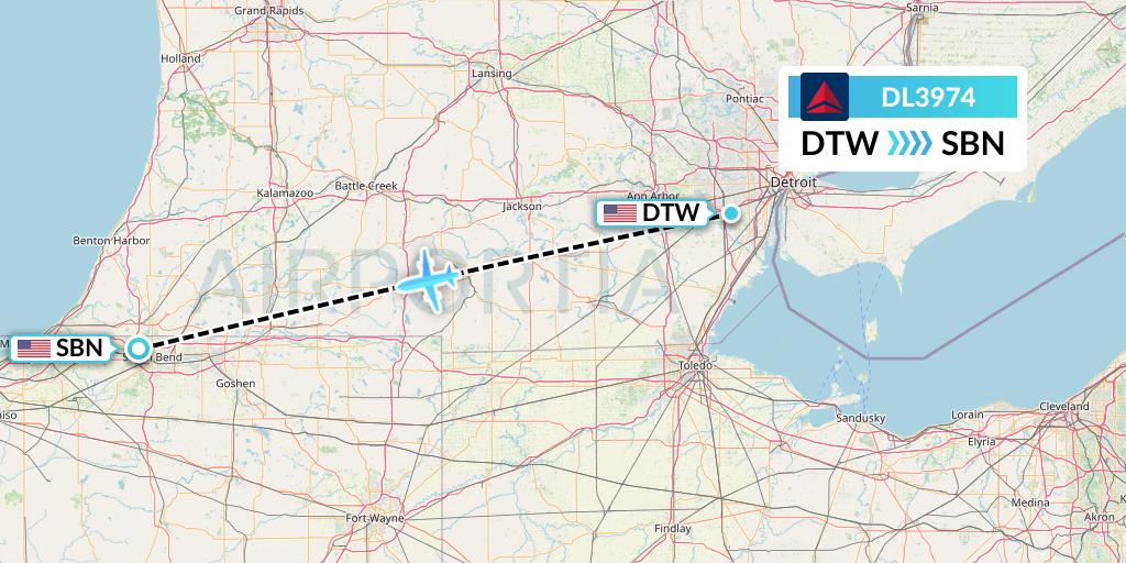 DL3974 Delta Air Lines Flight Map: Detroit to South Bend