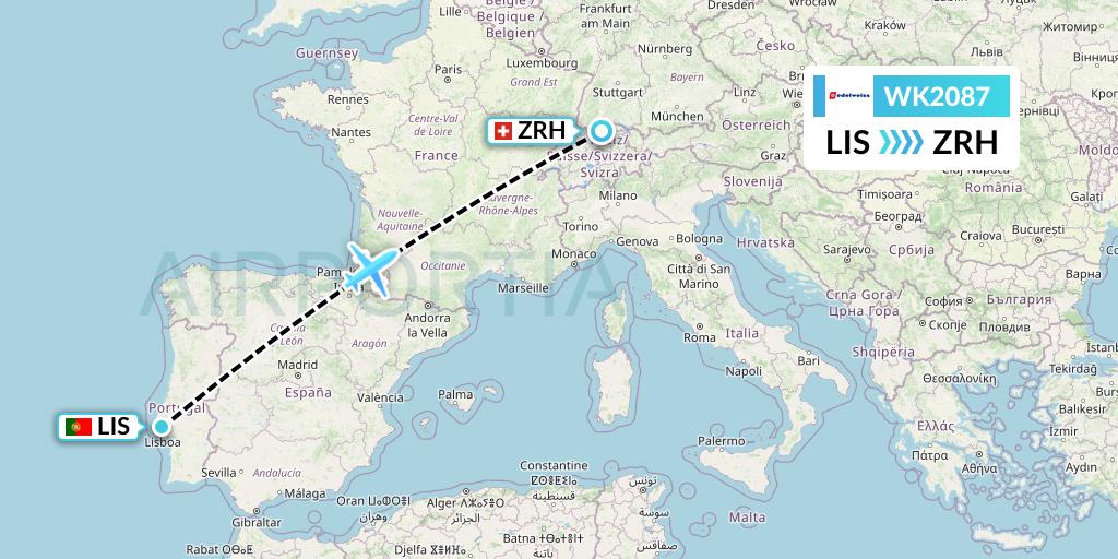 WK2087 Edelweiss Air Flight Map: Lisbon to Zurich