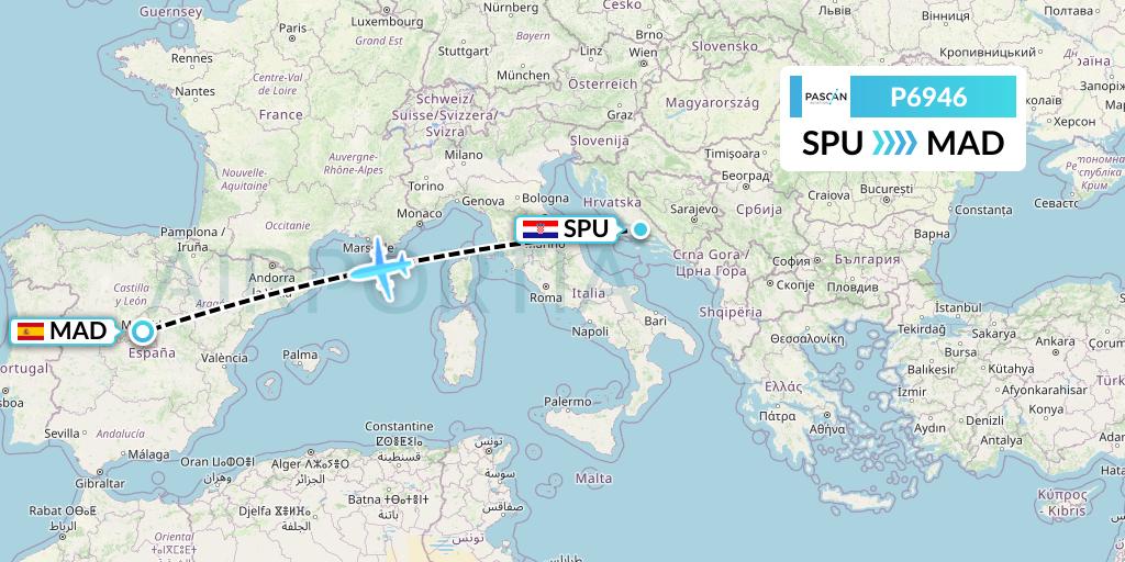 P6946 Pascan Aviation Flight Map: Split to Madrid