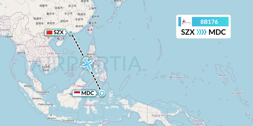 8B176 TransNusa Flight Map: Shenzhen to Manado