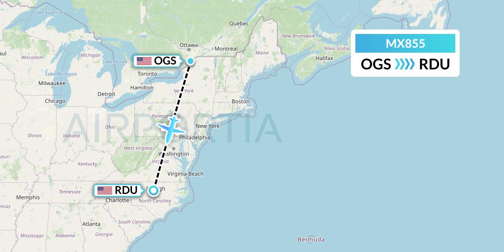 MX855 Breeze Airways Flight Map: Ogdensburg to Raleigh-Durham