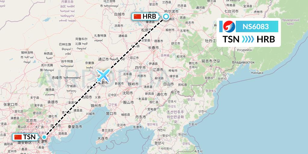 NS6083 Hebei Airlines Flight Map: Tianjin to Harbin