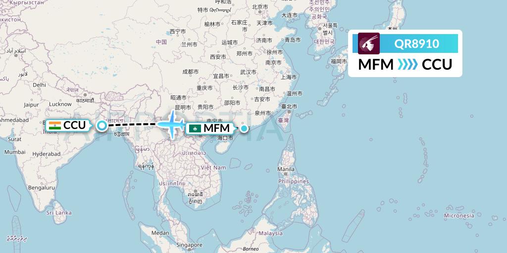 QR8910 Qatar Airways Flight Map: Macau to Kolkata