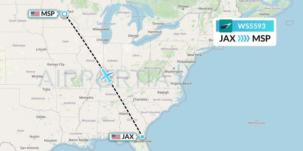 WS5593 WestJet Flight Map: Jacksonville to Minneapolis