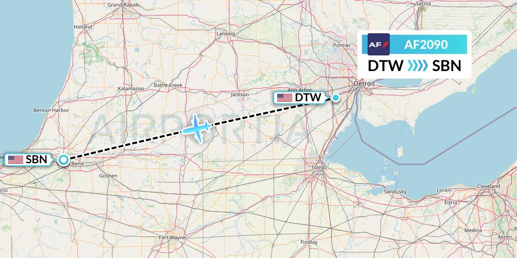 AF2090 Air France Flight Map: Detroit to South Bend