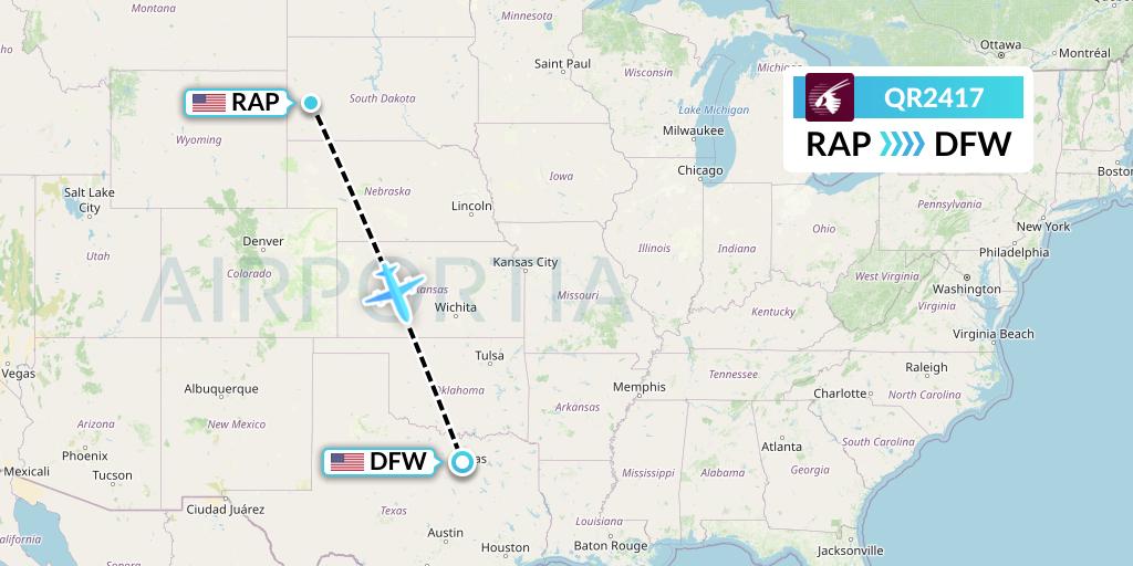 QR2417 Qatar Airways Flight Map: Rapid City to Dallas