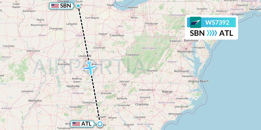 WS7392 WestJet Flight Map: South Bend to Atlanta