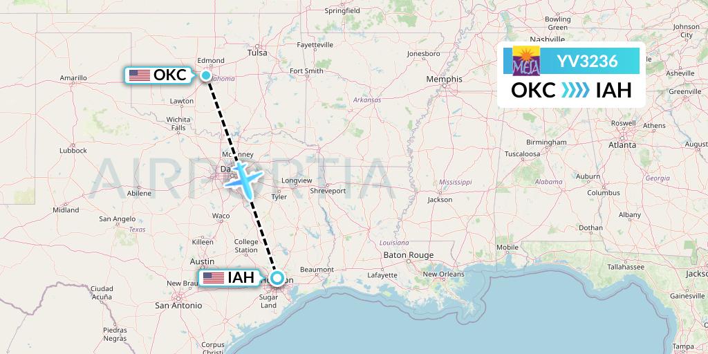 YV3236 Mesa Airlines Flight Map: Oklahoma City to Houston