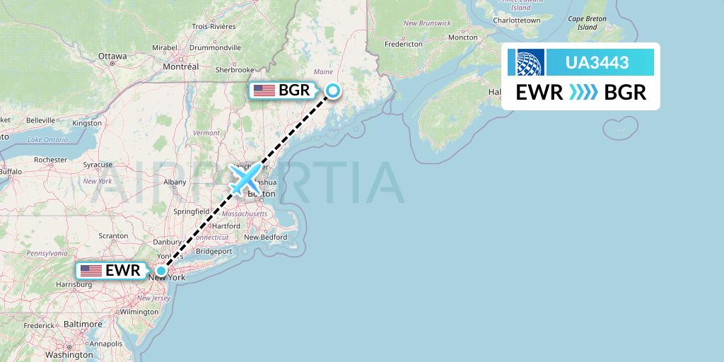 UA3443 United Airlines Flight Map: New York to Bangor