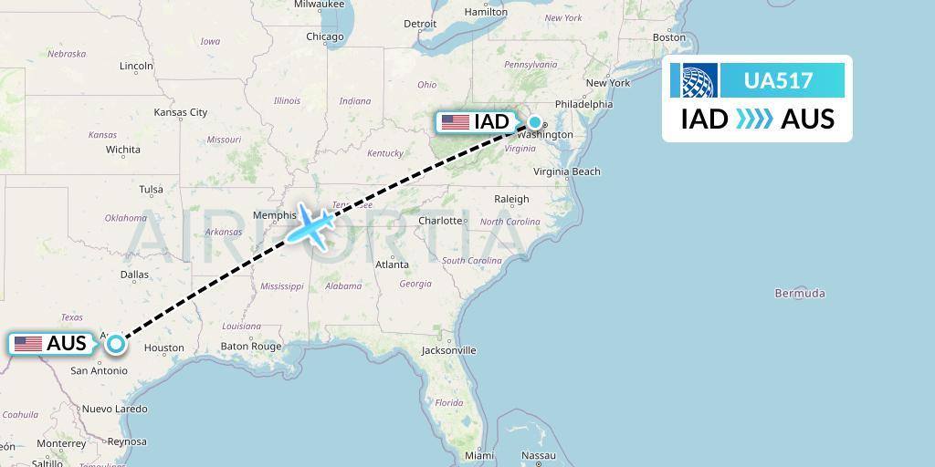 UA517 United Airlines Flight Map: Washington to Austin