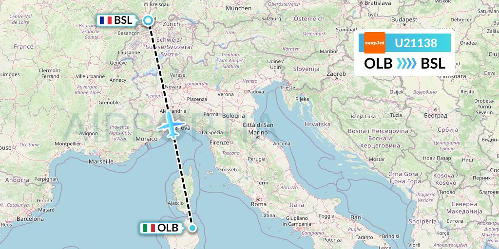 U21138 EasyJet Flight Map: Olbia to Basel